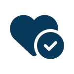 Voya dark blue icon of a heart with a circle check inside the heart
