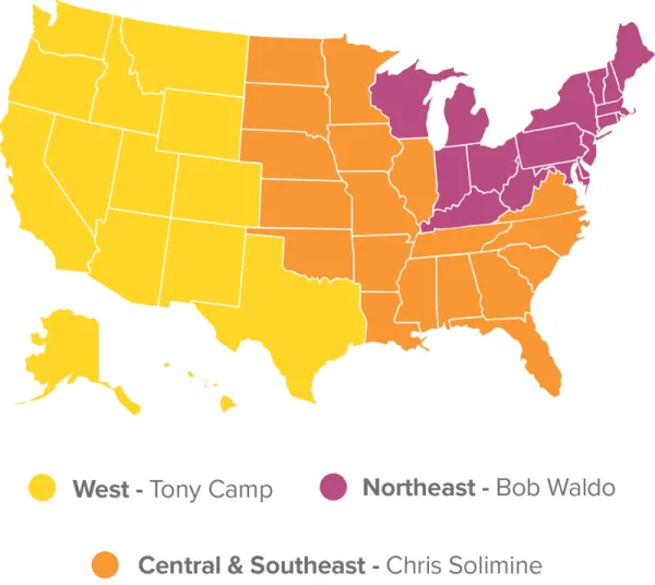 Sales territories US map: West - Tony Camp, Northeast - Bob Waldo, Central & Southwest - Chris Solimine